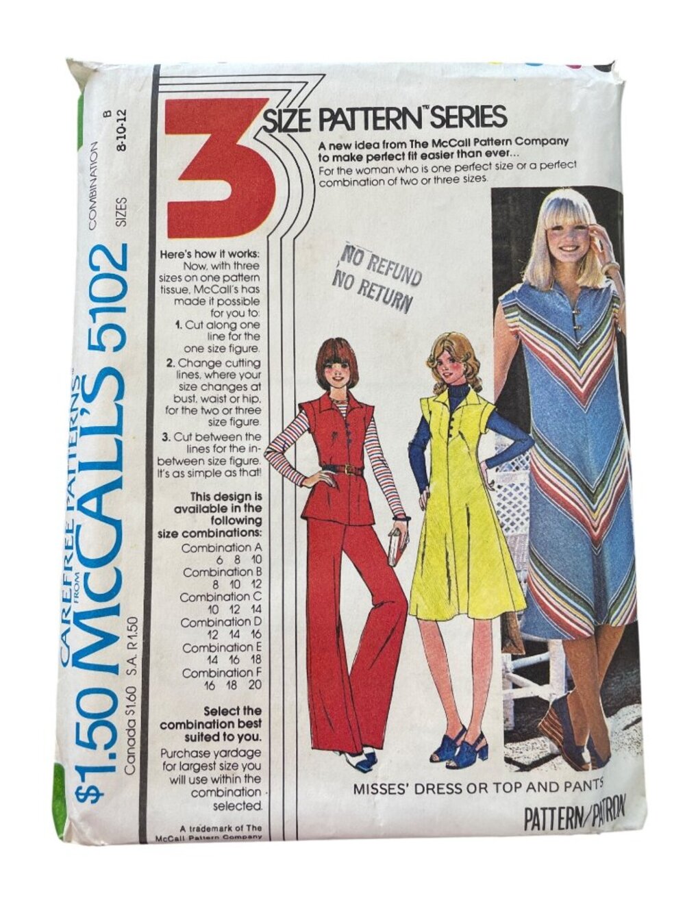 Vintage 70s McCalls 5102 Sewing Pattern Size 8-10-12 Dress Or Top & Pants CUT